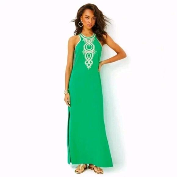 NWT LILLY Pulitzer Taylane Embroidered Maxi Shift Dress Kelly Green Gold Sz 6 - Picture 1 of 9
